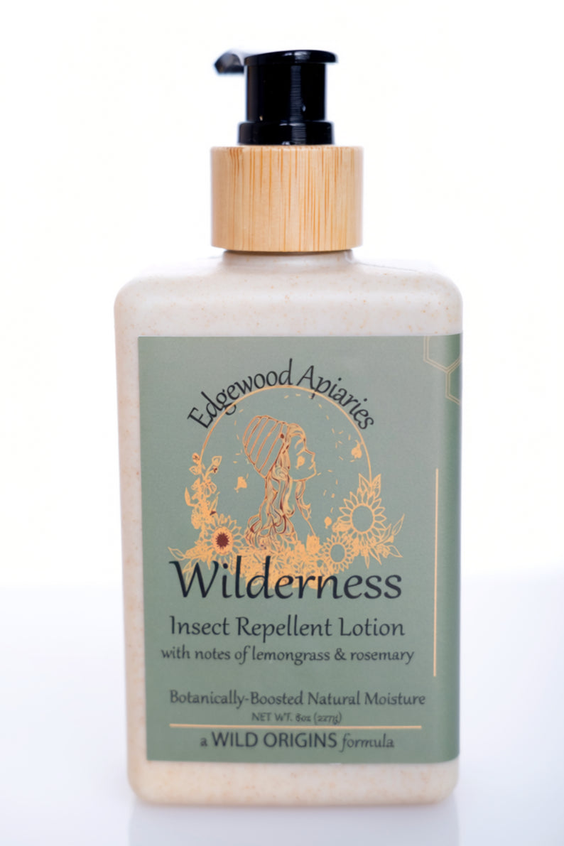 Edgewood Apiaries Wilderness Insect Repellent Body Lotion in a pump bottle on a white background