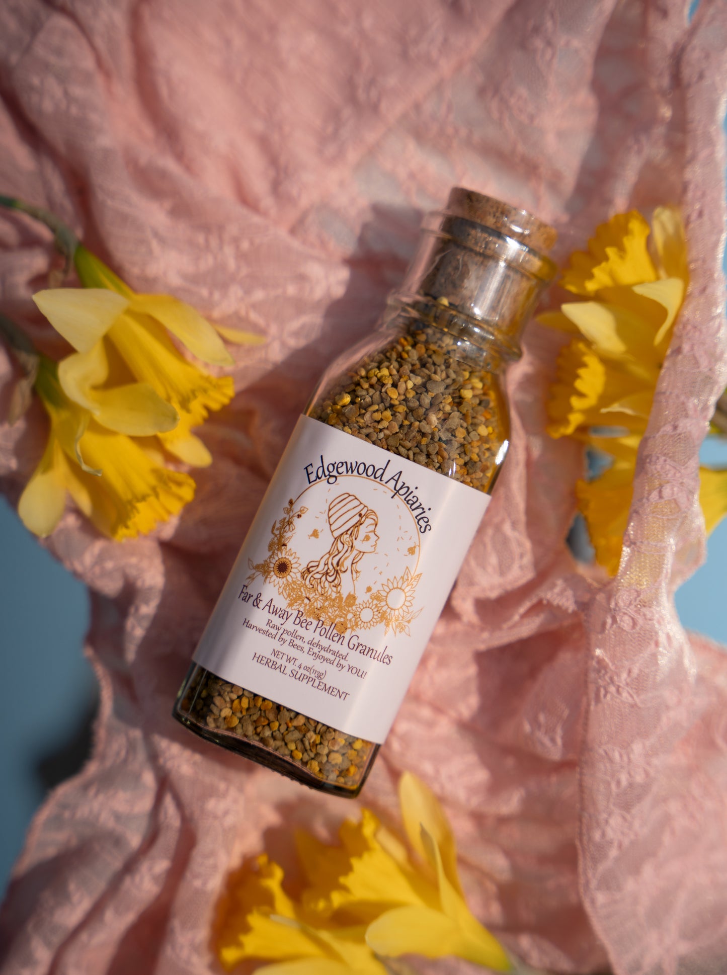 Far & Away Bee Pollen Granules, 4 oz jar of raw dehydrated bee pollen from Edgewood Apiaries