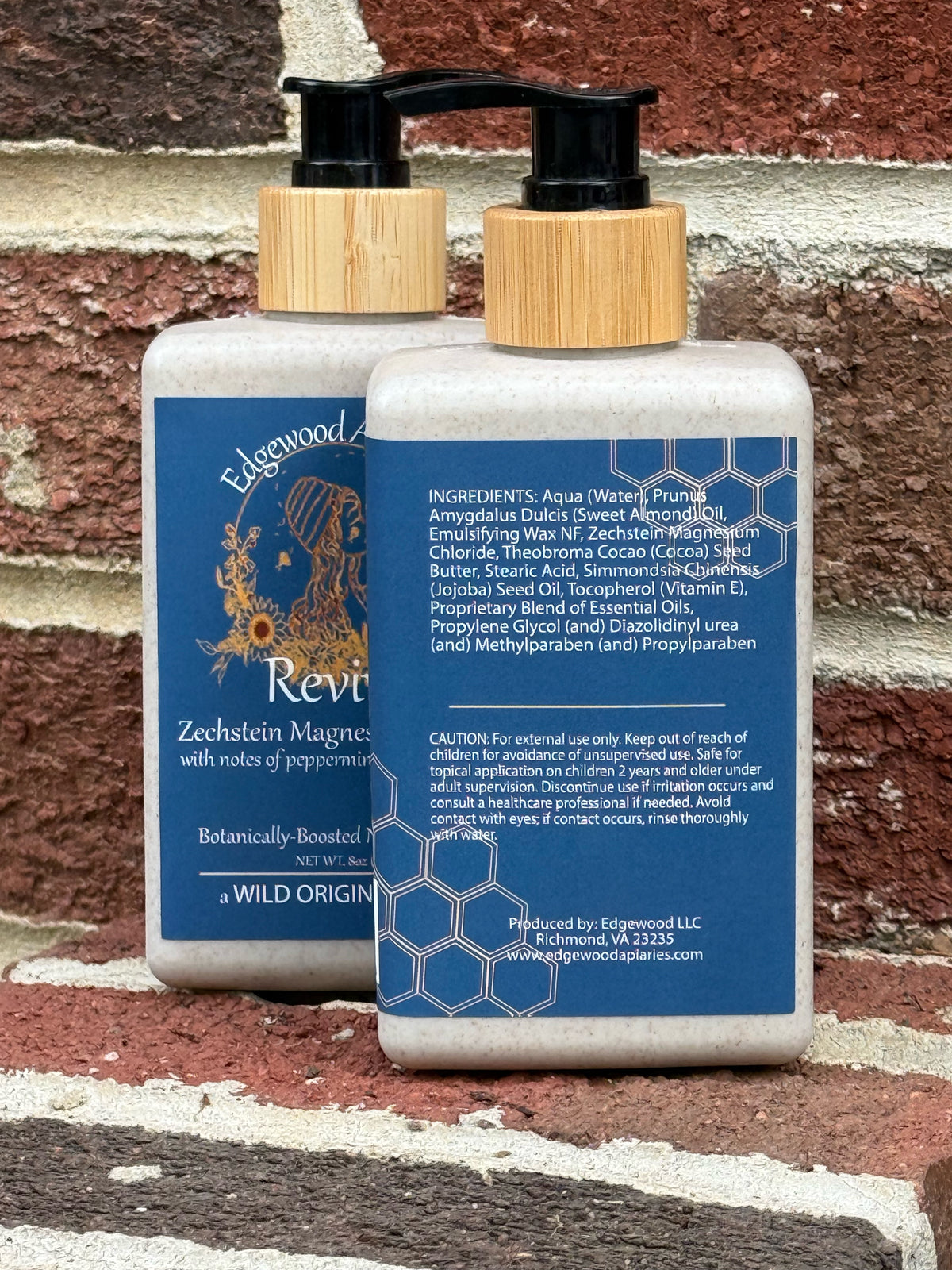 Front and back labels of Edgewood Apiaries Revive peppermint bergamot magnesium lotion