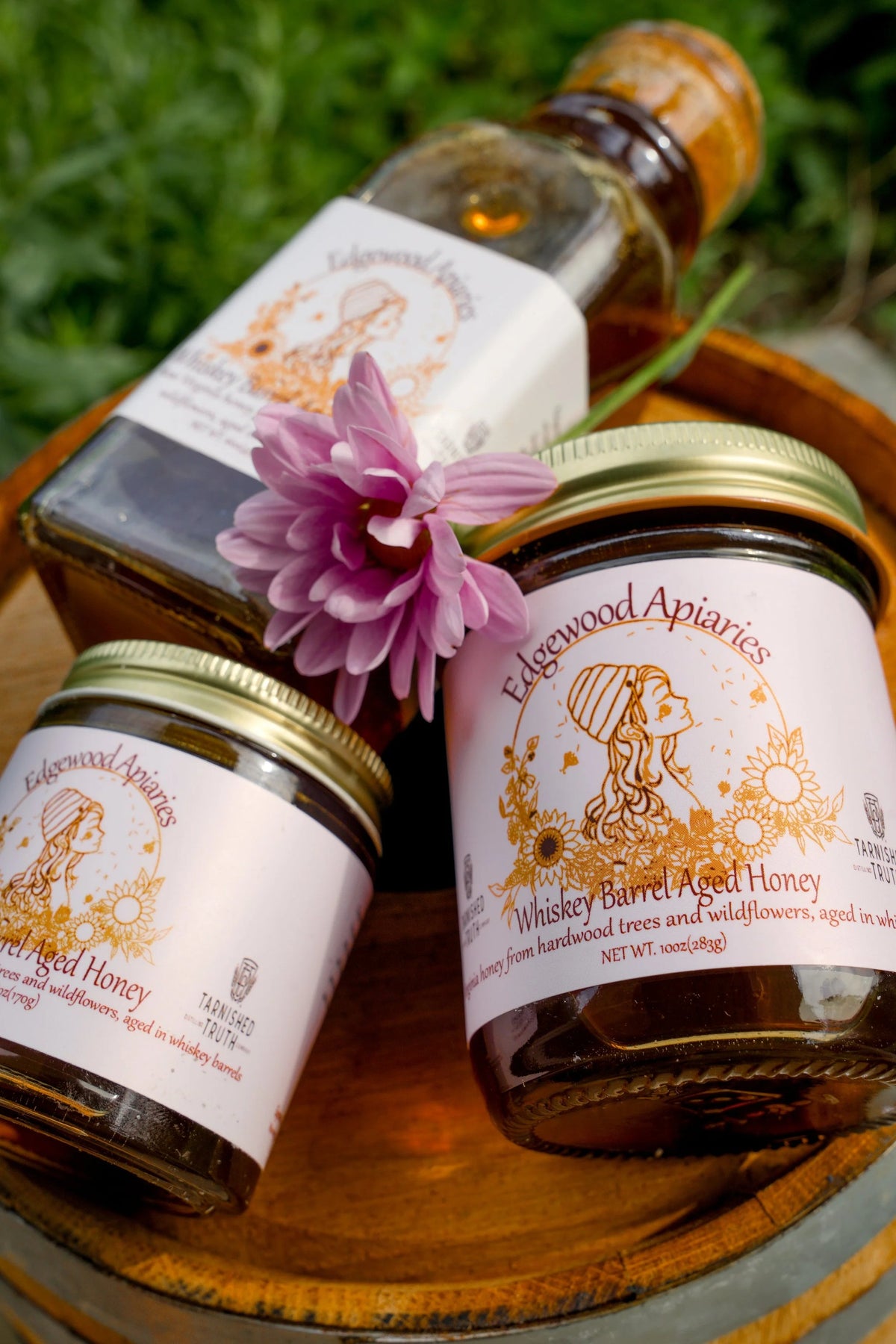 Edgewood Apiaries Whiskey Barrel Aged Honey jar, one of three honeys in The Winter Honey Flight