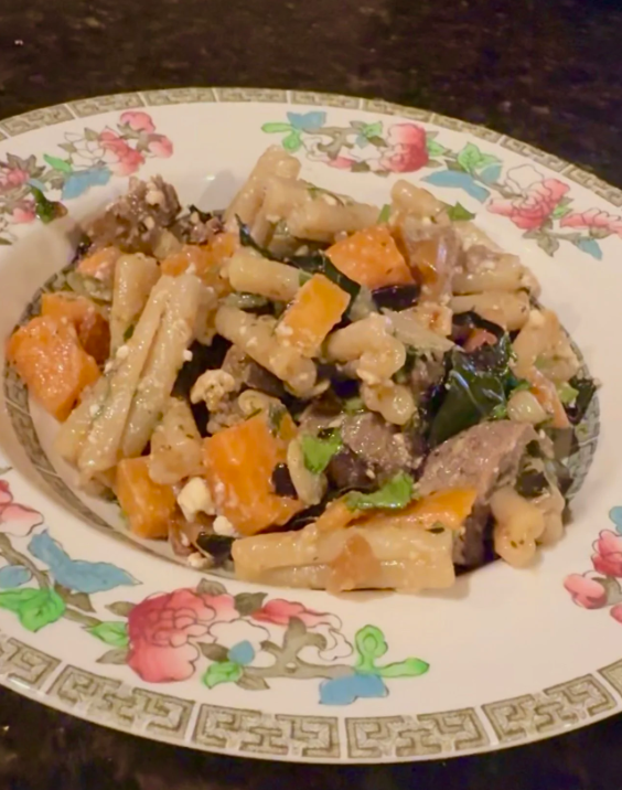 Autumnal Pasta with Sweet Potato, Kale, Sausage and Honey (Vegetarian Option)