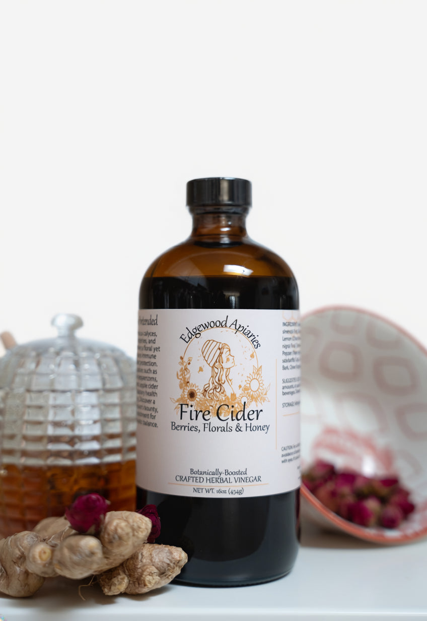 Edgewood Apiaries Berries Floral and Honey Fire Cider on a white background