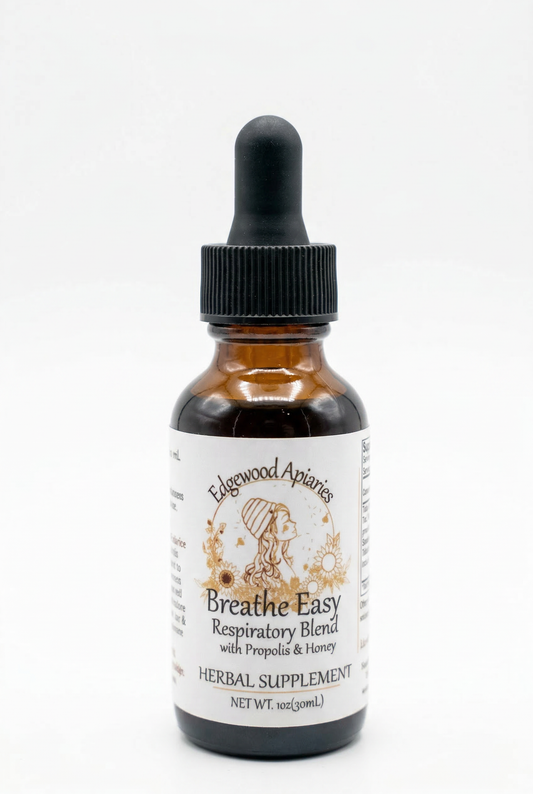 Edgewood Apiaries Breathe Easy Respiratory Blend Tincture with propolis and honey on a plain white background