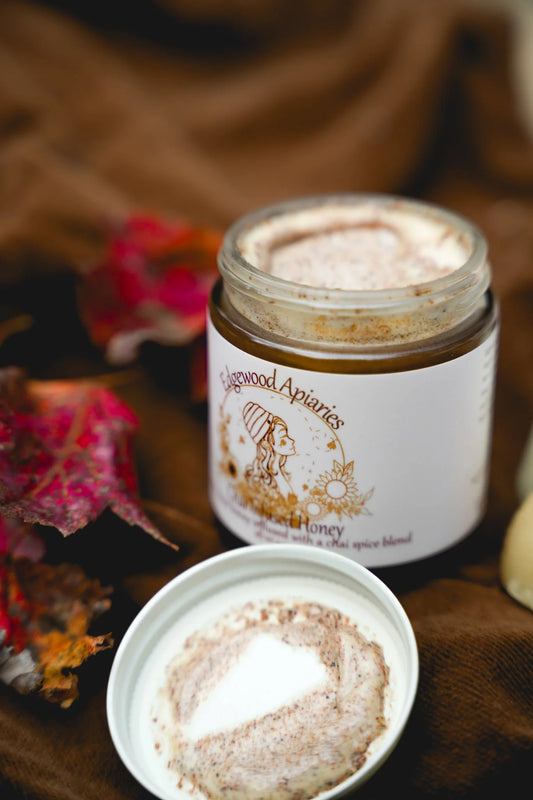 Edgewood Apiaries Chai Infused Honey on a fall background