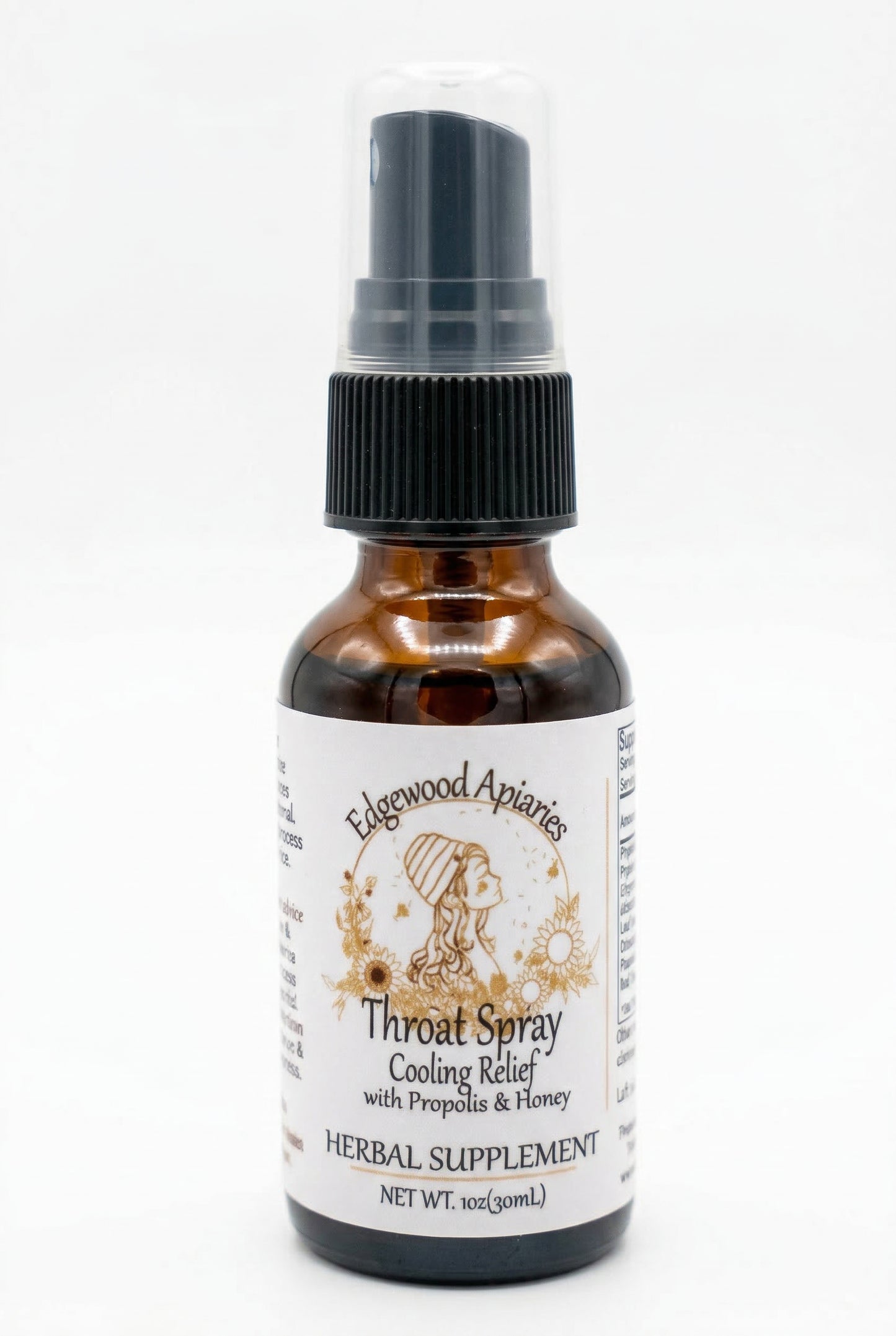 Edgewood Apiaries Cooling Relief Throat Spray with Propolis and Honey on a plain white background