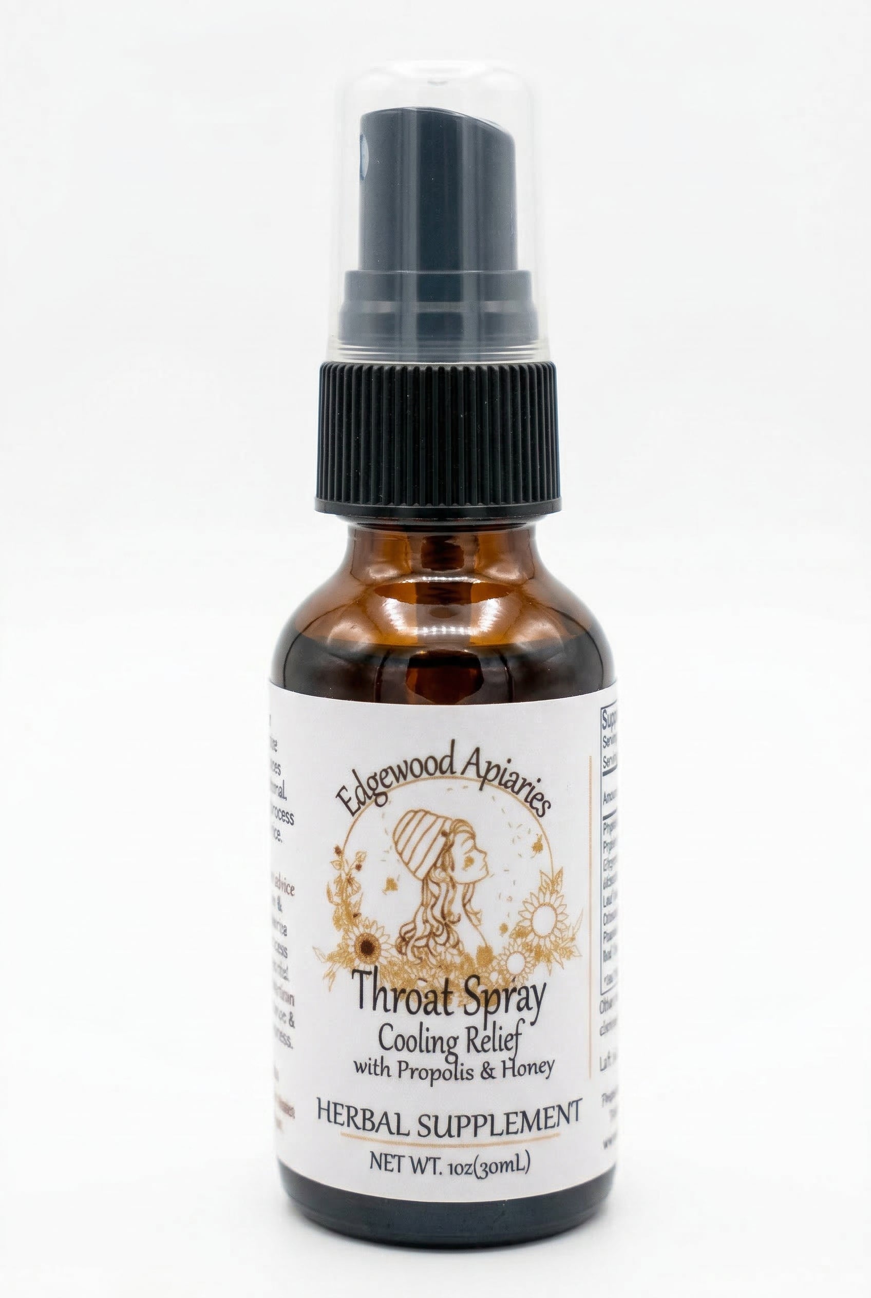 Edgewood Apiaries Cooling Relief Throat Spray with Propolis and Honey on a plain white background