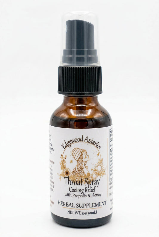 Edgewood Apiaries Cooling Relief Throat Spray with Propolis and Honey on a plain white background