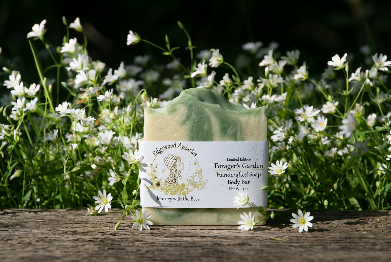 Edgewood Apiaries Forager's Garden Soap on a wooden ledge and floral background