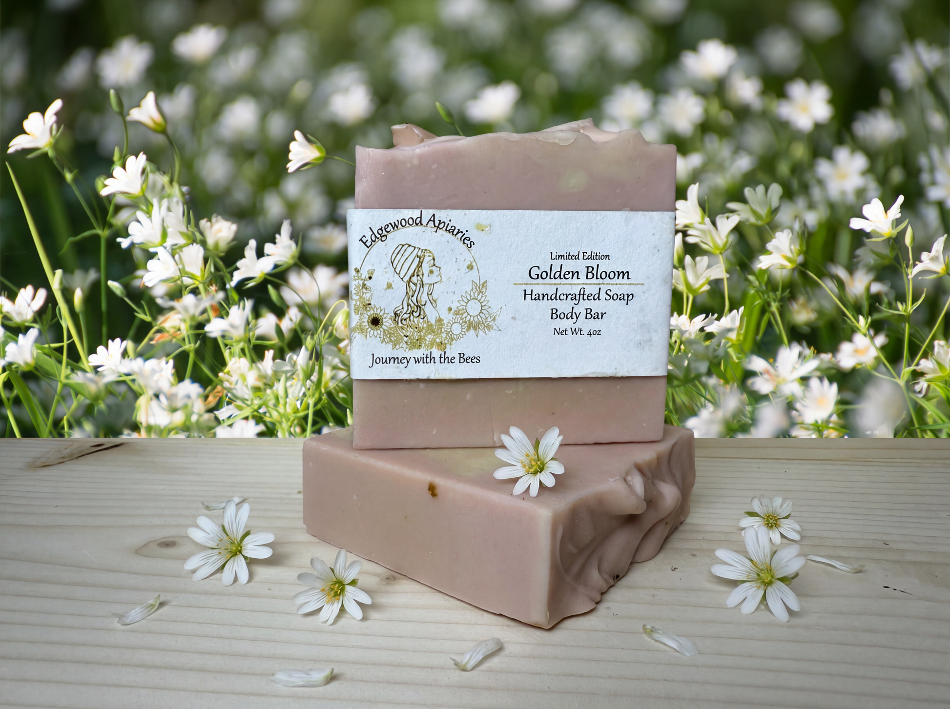 Edgewood Apiaries Golden Bloom Handcrafted Soap Bar on a wooden shelf with a Virginia wildflower background
