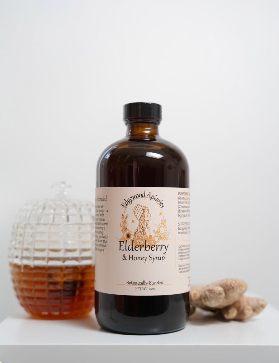 Edgewood Apiaries Elderberry and Honey Syrup on a white background