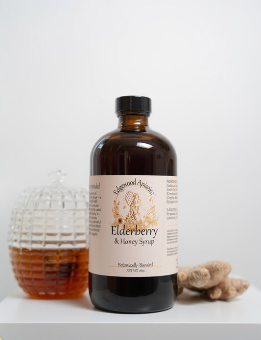 Edgewood Apiaries Elderberry and Honey Syrup on a white background