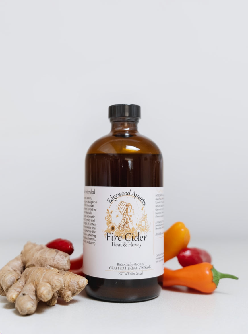 Edgewood Apiaries Heat and Honey Fire Cider on a white background