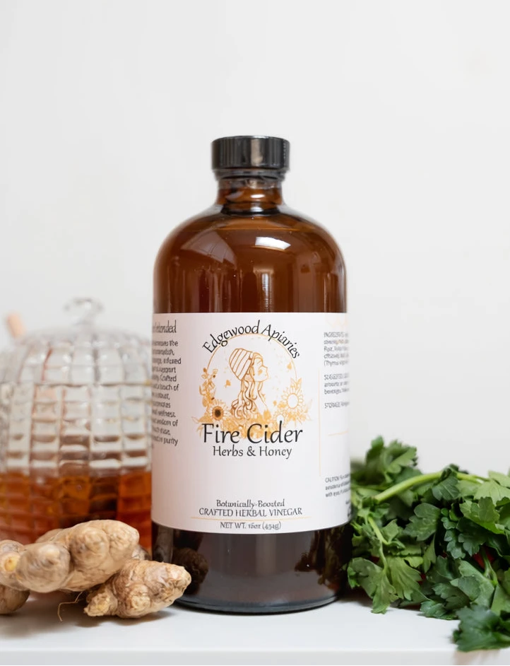 Edgewood Apiaries Herbs and Honey Fire Cider on a white background