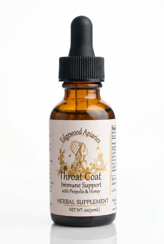 Edgewood Apiaries Throat Coat Immune Support Tincture with propolis and honey on a plain white background