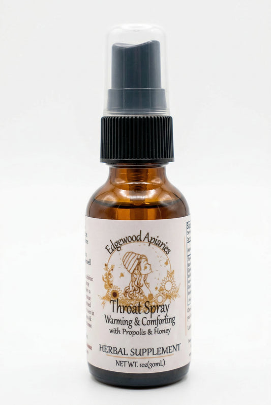 Edgewood Apiaries Warming and Comforting Throat Spray for Immune Support on a plain white background